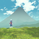 The hero of Pokémon Legends: Arceus gazes out over a vast green field, a mountain rising in the distance.